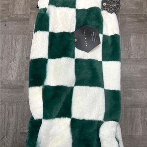 Max Studio Green and White Checkered Faux Fur Throw